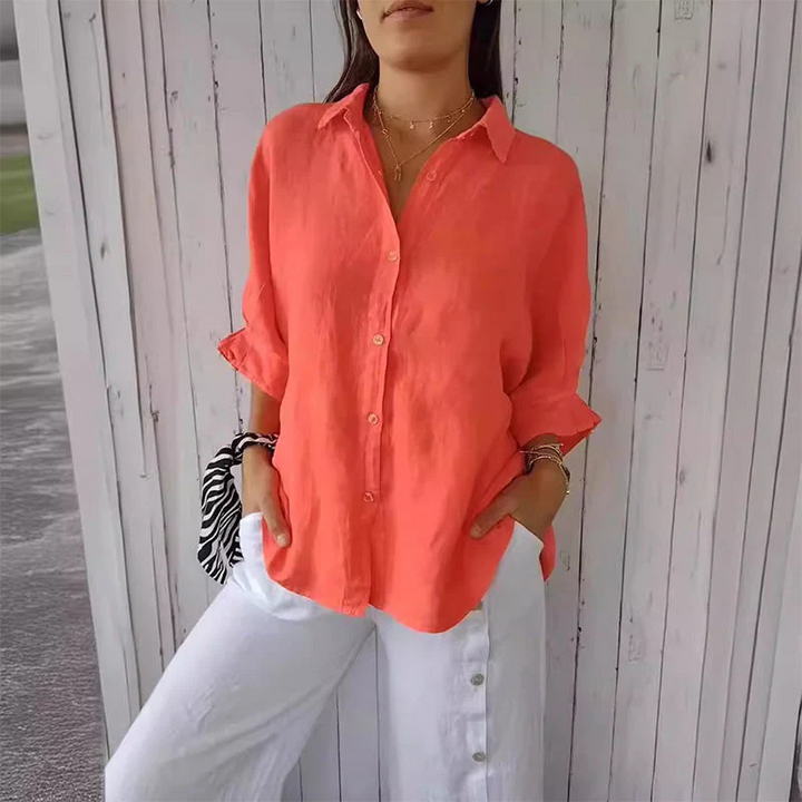 Loose-Fit V-Neck Blouse with Bow Tie and Roll Sleeves