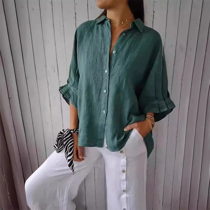 Loose-Fit V-Neck Blouse with Bow Tie and Roll Sleeves