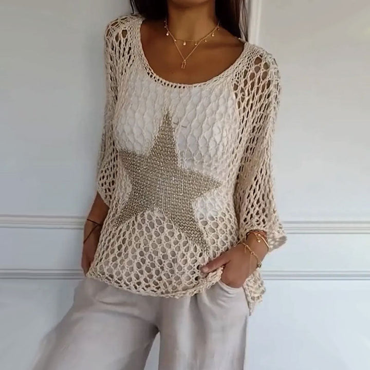 Round Neck Crochet Knit Mesh Blouse with Pentagram Pattern