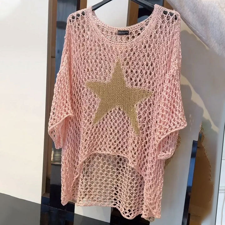 Round Neck Crochet Knit Mesh Blouse with Pentagram Pattern