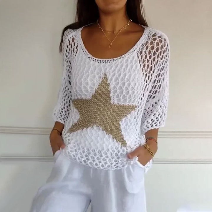Round Neck Crochet Knit Mesh Blouse with Pentagram Pattern