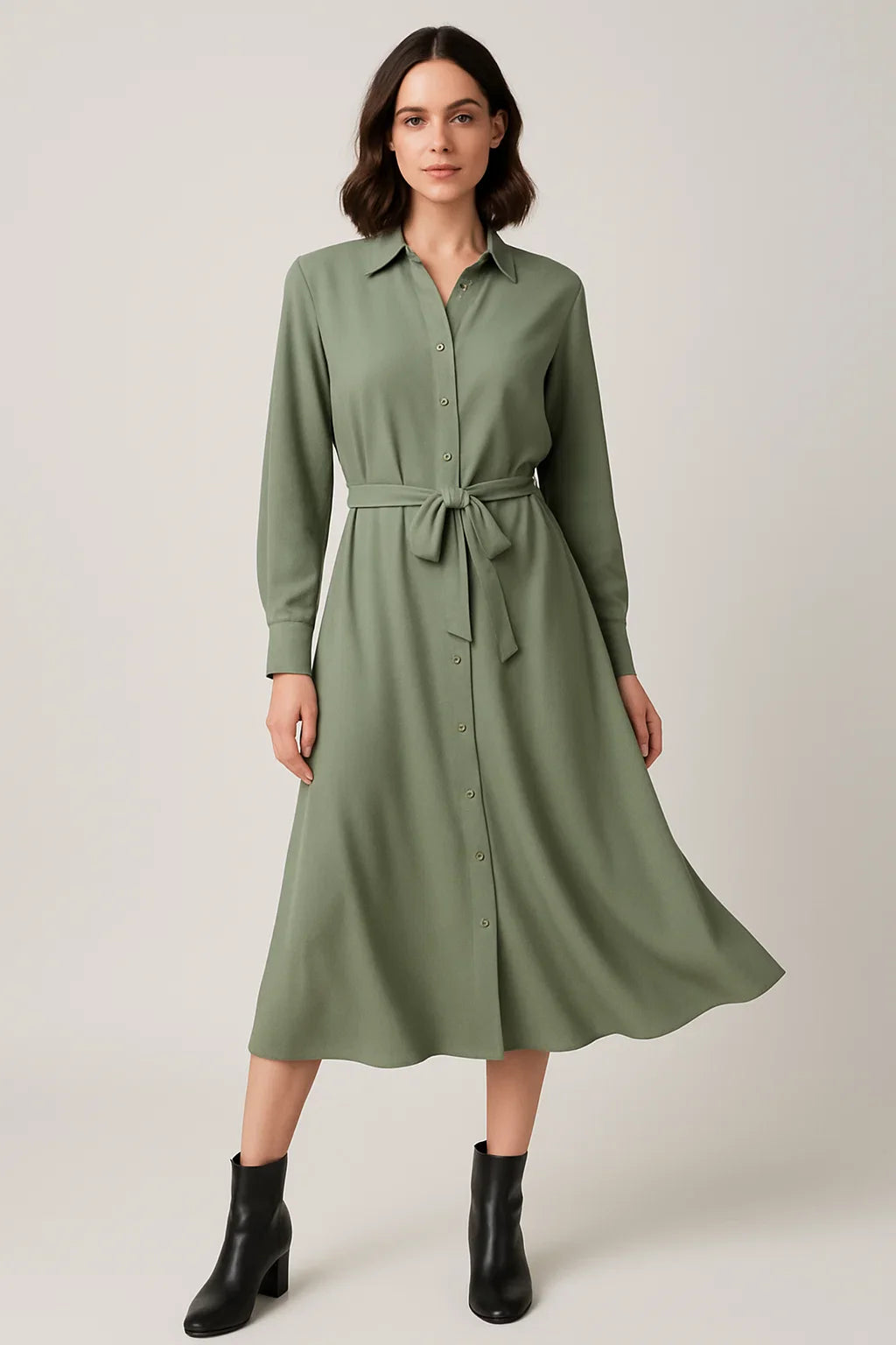 Fluid Midi Shirt Dress with Adjustable Tie Waist in Moss