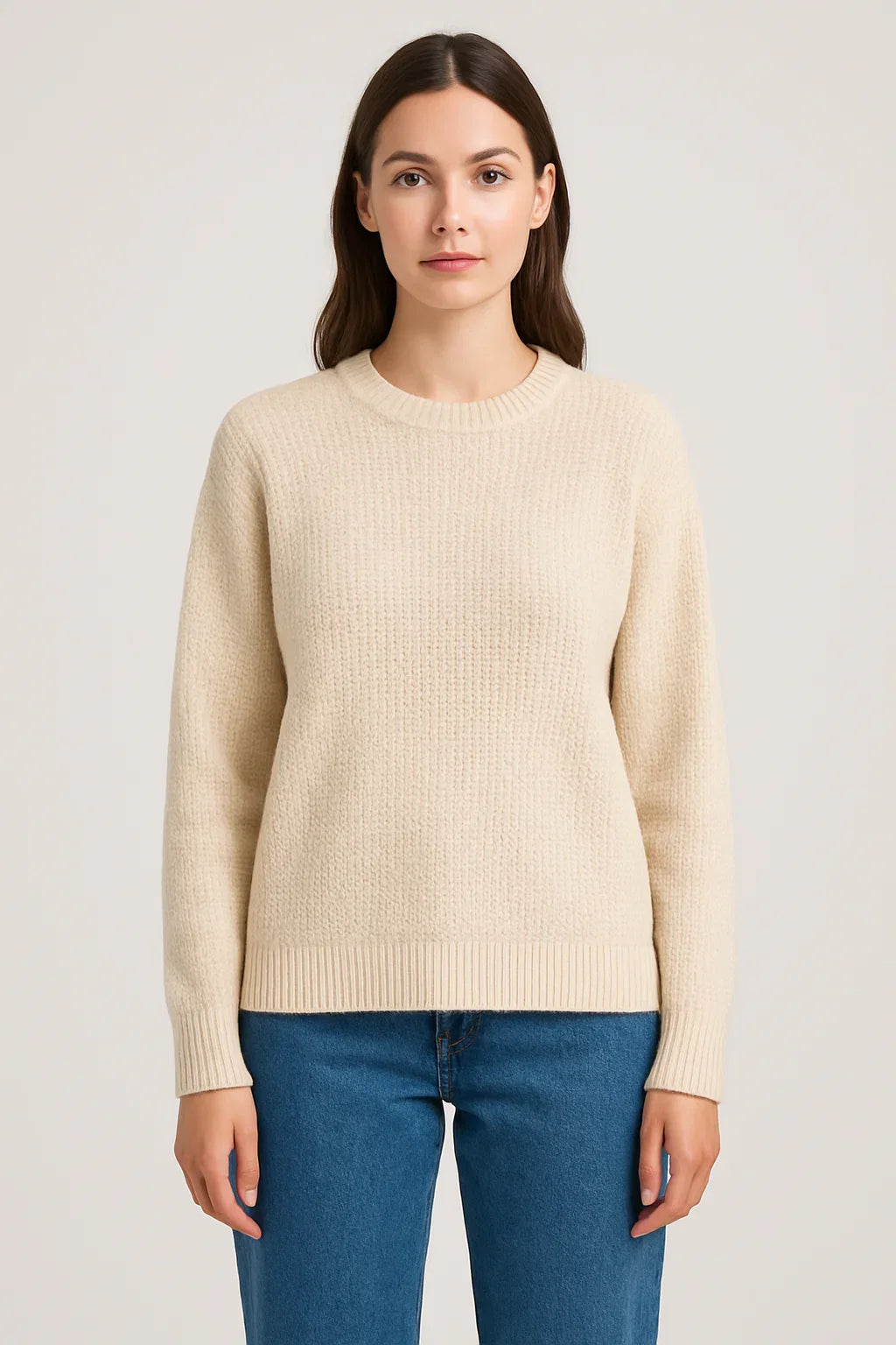 Relaxed Textured Crew Knit in Soft Oatmeal for Women