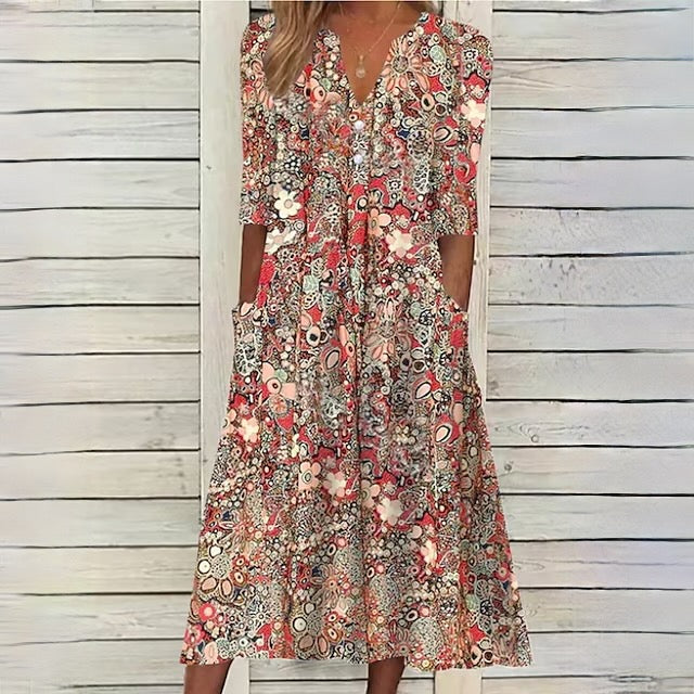 Floral Blossom Print Midi Dress in Warm Beige for Women