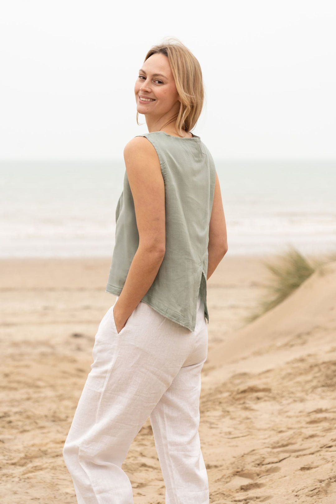 Aimie Linen Top | Linen Back Detail Top — Olive Green