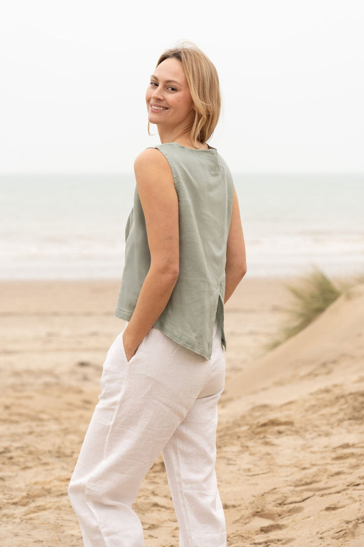 Aimie Linen Top for Women - Olive Green