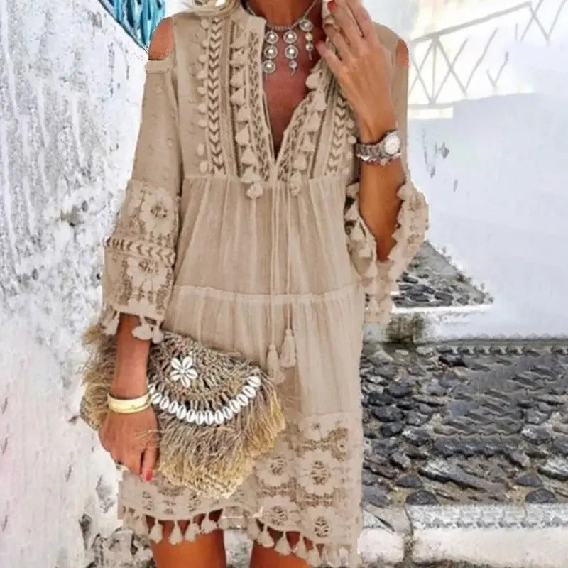 Boho Lace Mini Dress with Intricate Overlay Detail