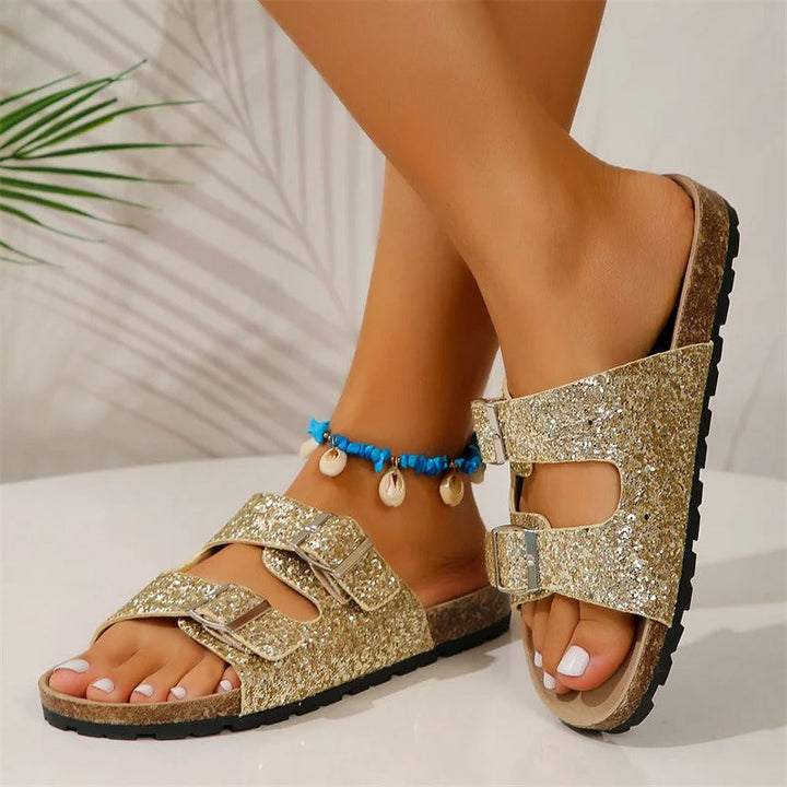 Double Buckle Sequin Sandals with an Adjustable Fit