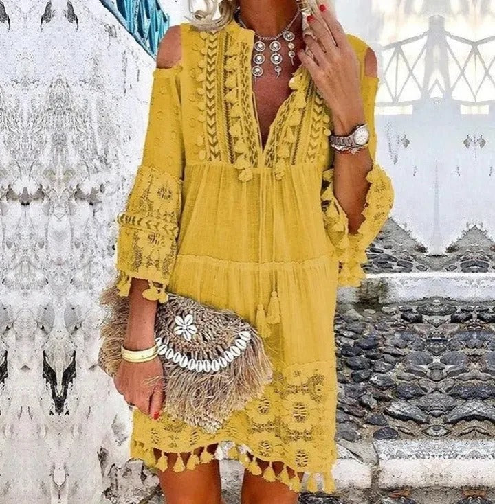 Boho Lace Mini Dress with Intricate Overlay Detail