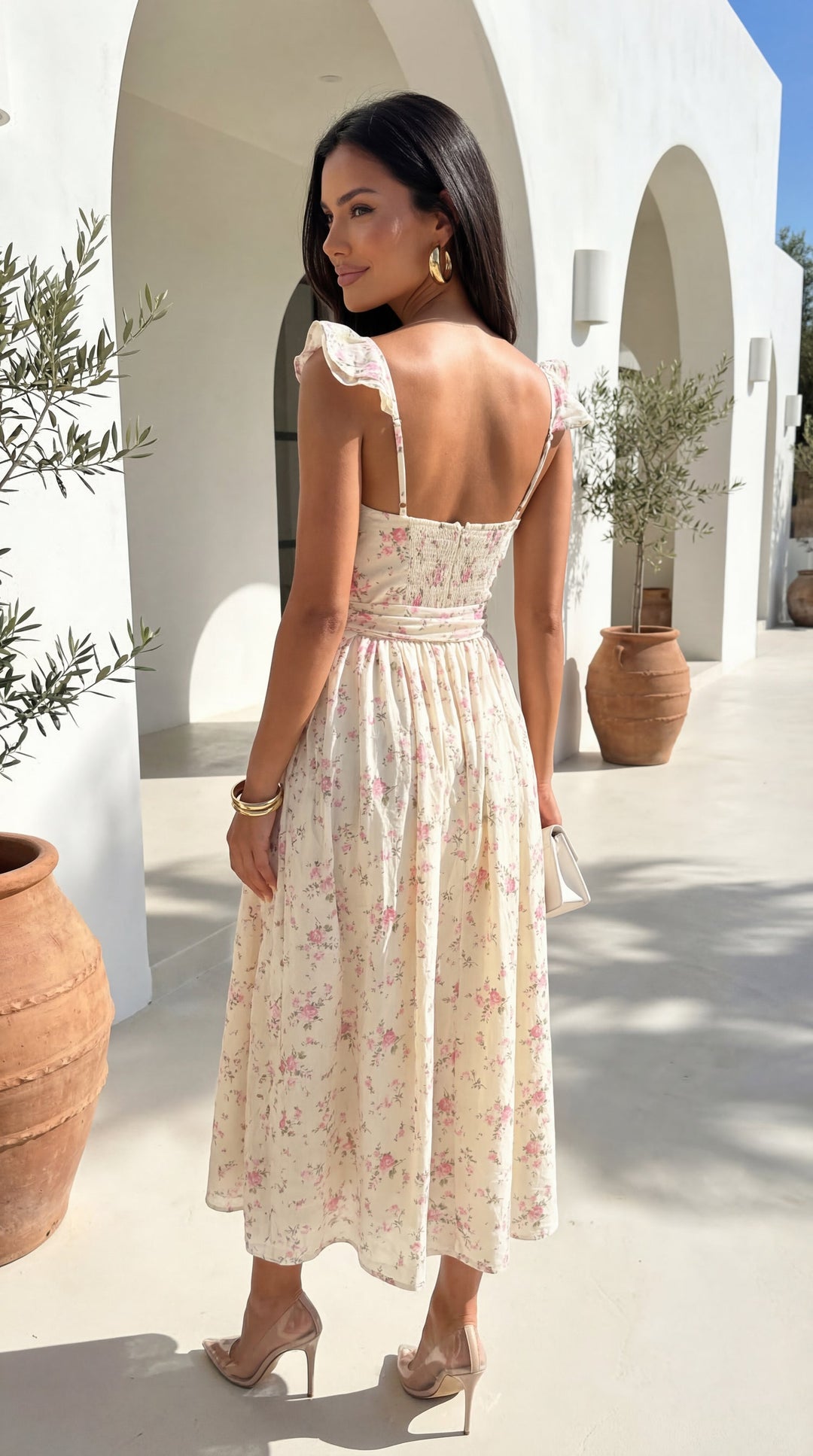 Florienne Floral Corset Flutter Midi Dress - Ivory — gallery