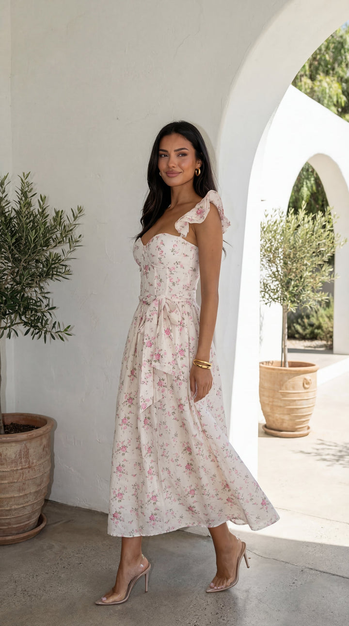 Florienne Floral Corset Flutter Midi Dress - Ivory — gallery