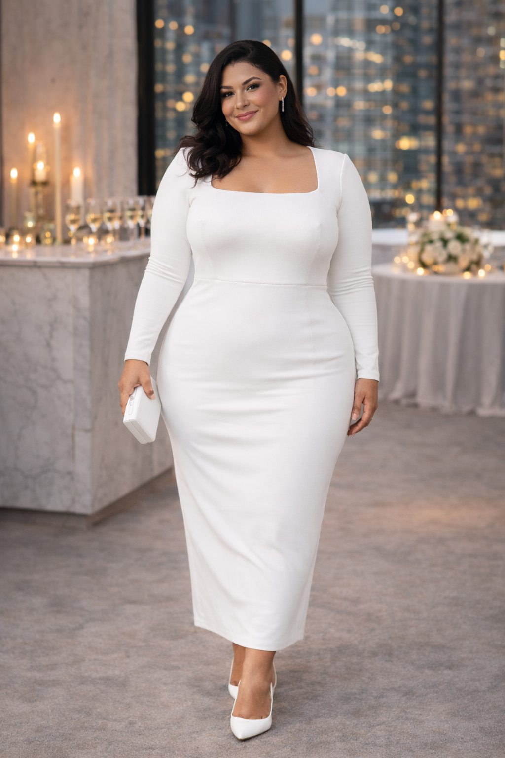 Selene Plus Size White Square Neck Fitted Midi Dress for Women