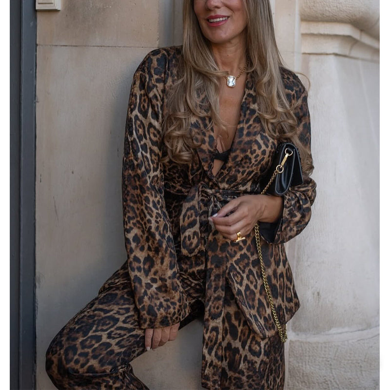 Leopard Print Blazers Outfit Straight Leg Pants Sets Trousers for Women - gallery