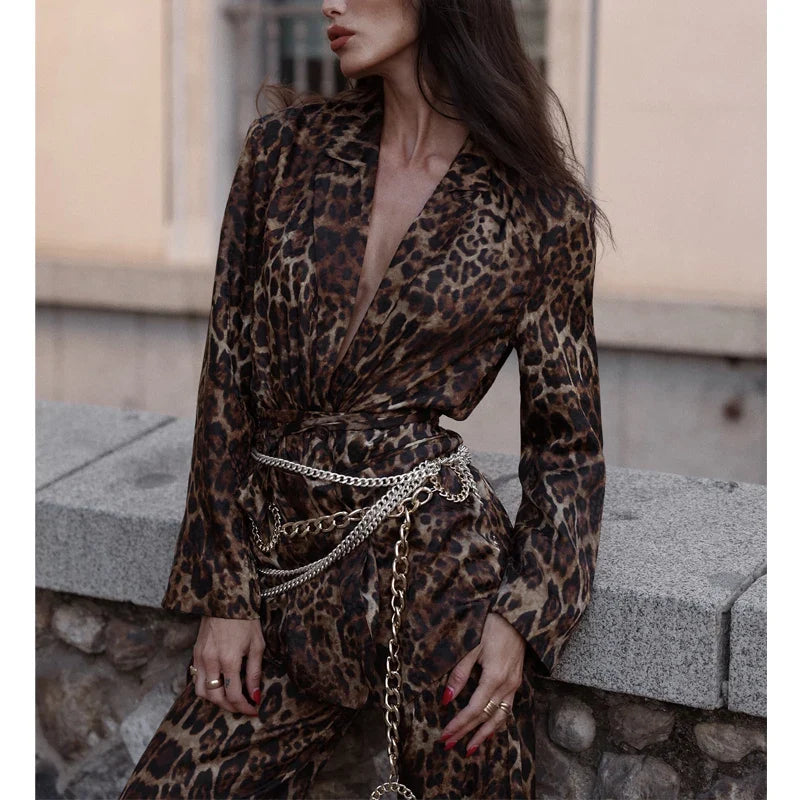 Leopard Print Blazers Outfit Straight Leg Pants Sets Trousers for Women - gallery