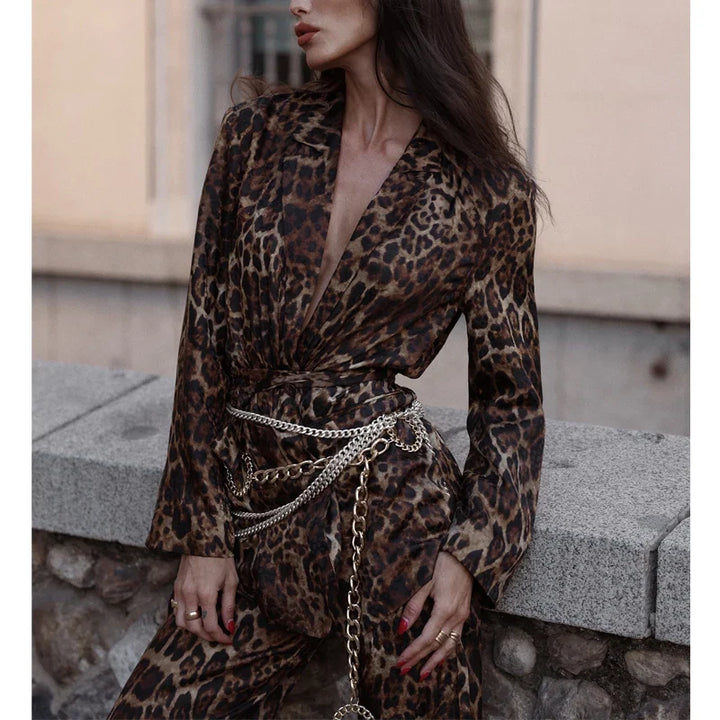Leopard Print Blazers Outfit Straight Leg Pants Sets Trousers for Women - gallery
