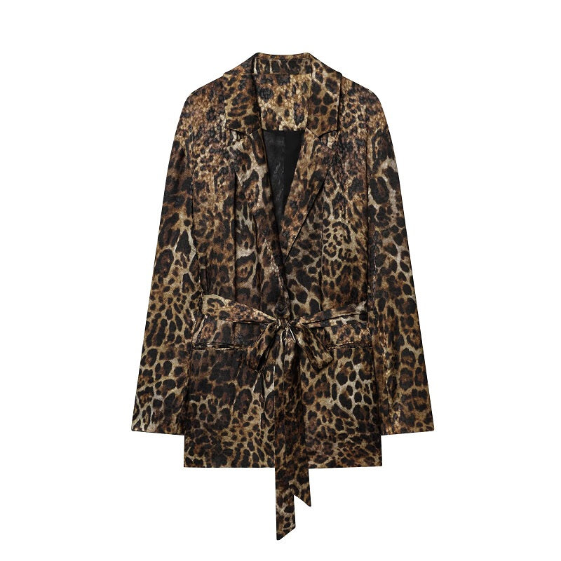 Leopard Print Blazers Outfit Straight Leg Pants Sets Trousers for Women - Blazers