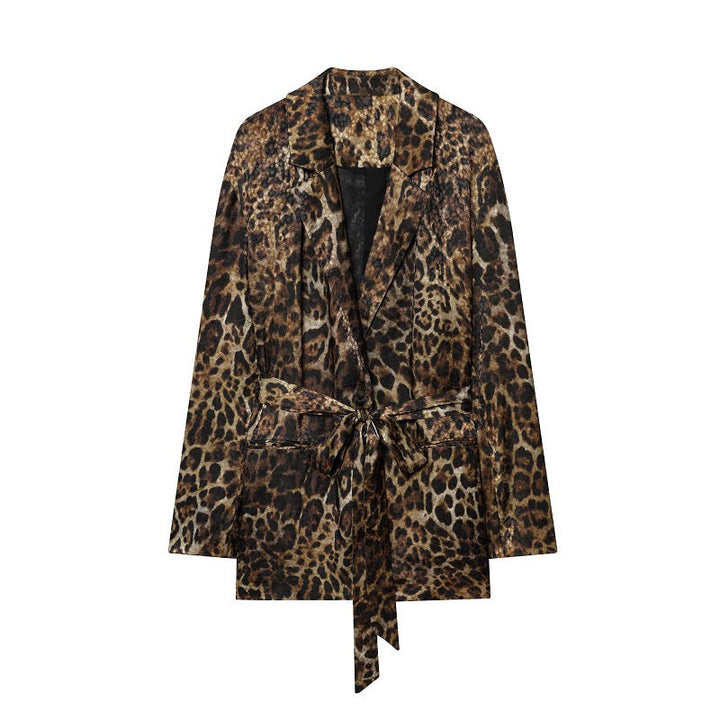 Leopard Print Blazers Outfit Straight Leg Pants Sets Trousers for Women - Blazers