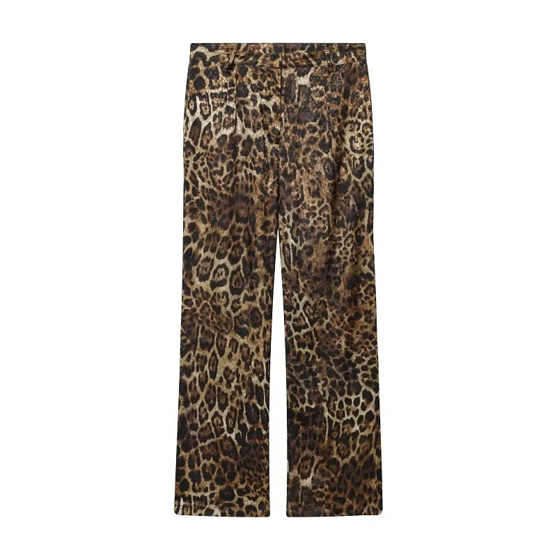 Leopard Print Blazers Outfit Straight Leg Pants Sets Trousers for Women - Pants
