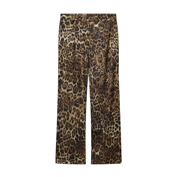 Leopard Print Blazers Outfit Straight Leg Pants Sets Trousers for Women - Pants