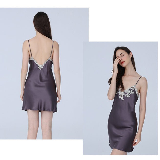 Women Floral Lace Silk Nightgown V Neck Pure Silk Slip Dress — gallery