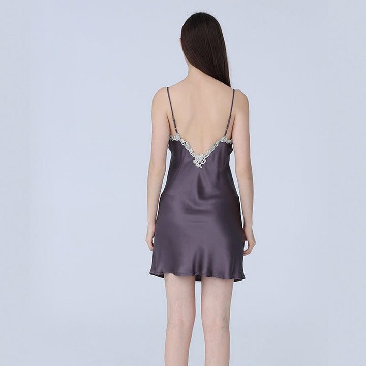 Women Floral Lace Silk Nightgown V Neck Pure Silk Slip Dress — gallery