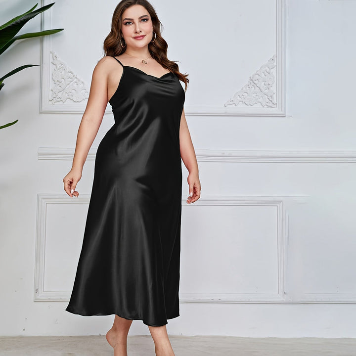 Women's Cowl Neck Plus Size Silk Nightgown Slip Dress — Black