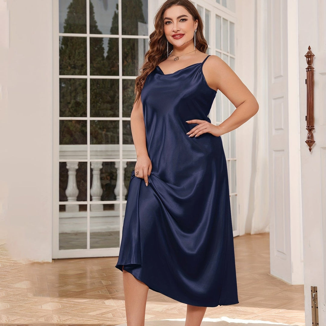 Women's Cowl Neck Plus Size Silk Nightgown Slip Dress — Navy Blue