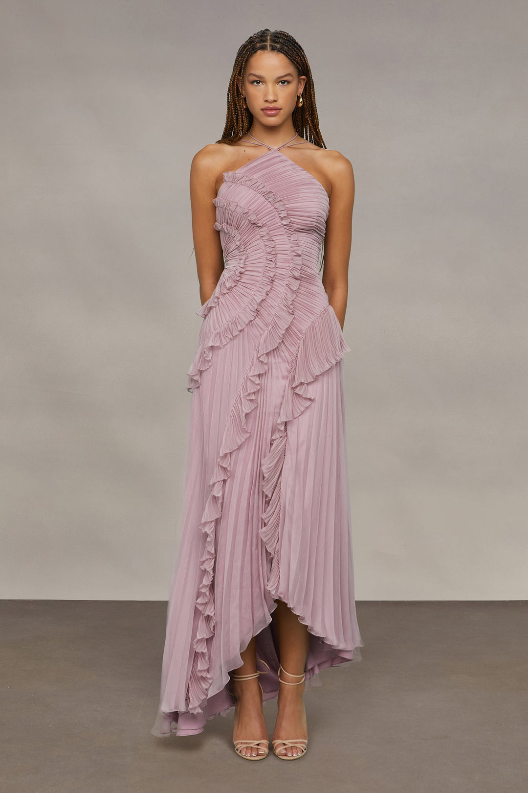 Halter Neck Maxi Dress with Cascading Pleated Ruffles for Women - gallery