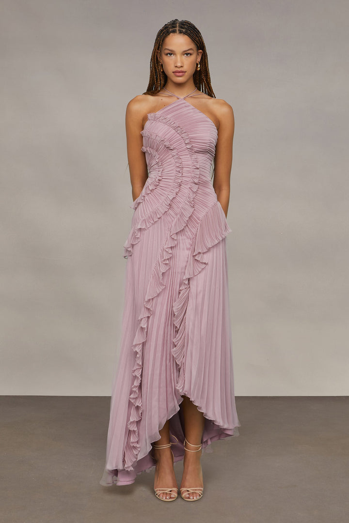 Halter Neck Maxi Dress with Cascading Pleated Ruffles for Women - gallery