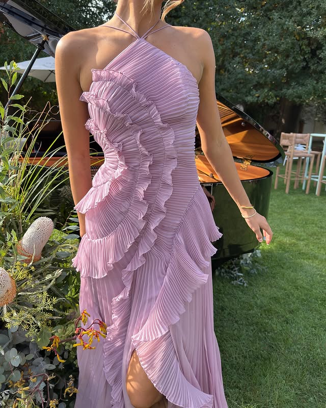 Halter Neck Maxi Dress with Cascading Pleated Ruffles for Women - gallery