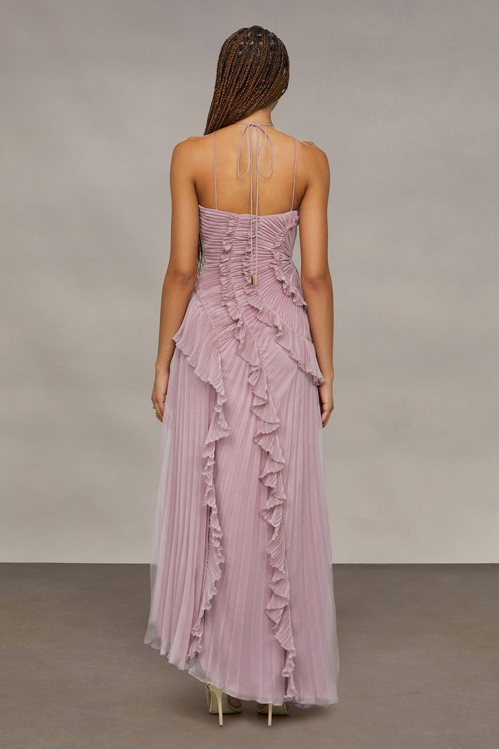 Halter Neck Maxi Dress with Cascading Pleated Ruffles for Women - gallery