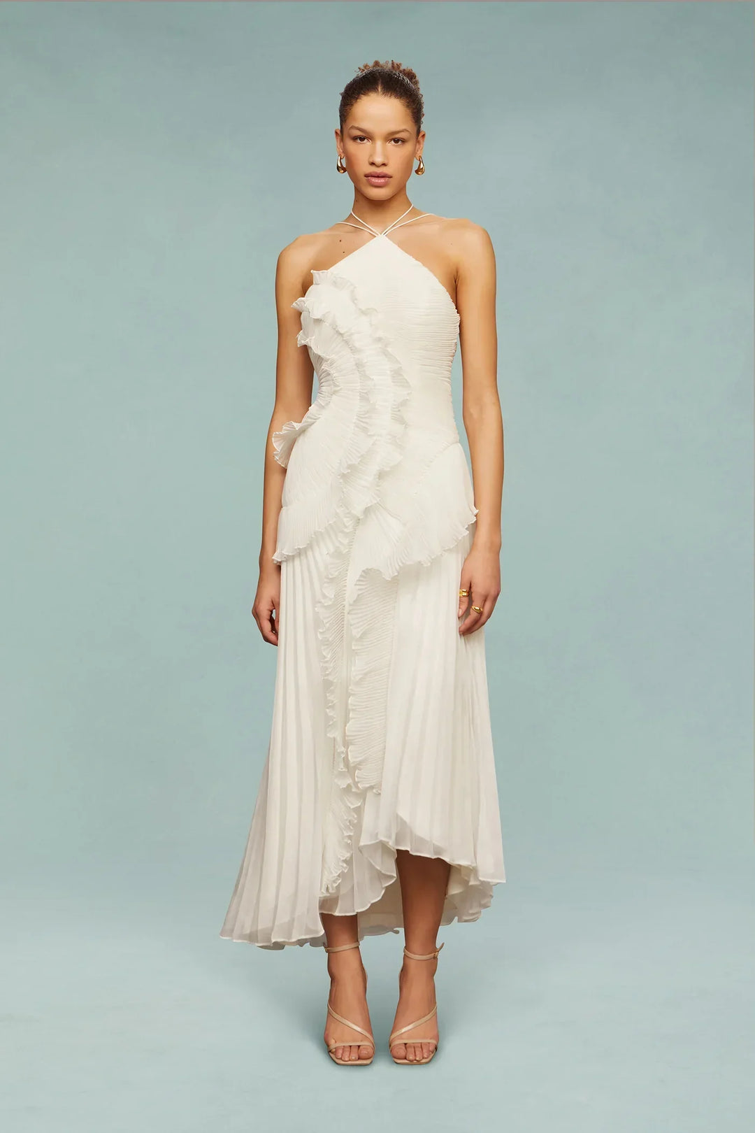 Halter Neck Maxi Dress with Cascading Pleated Ruffles for Women - White
