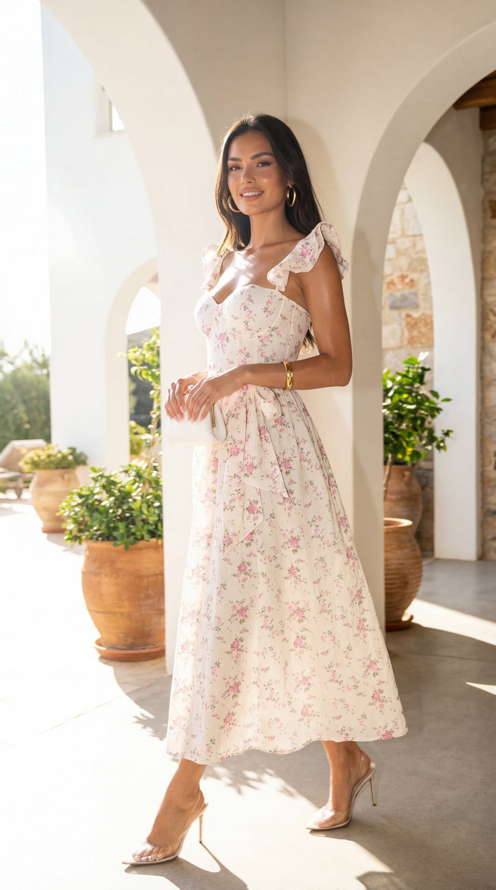Florienne Floral Corset Flutter Midi Dress - Ivory — gallery